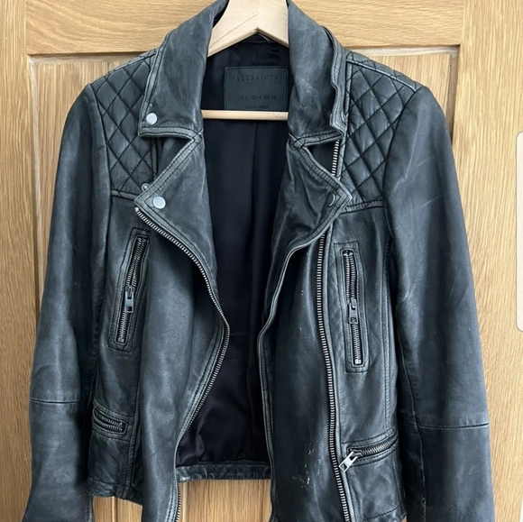 All saints Cargo Distressed Leather Jacket, Black/Grey, Size 8 - Picture 2 of 8